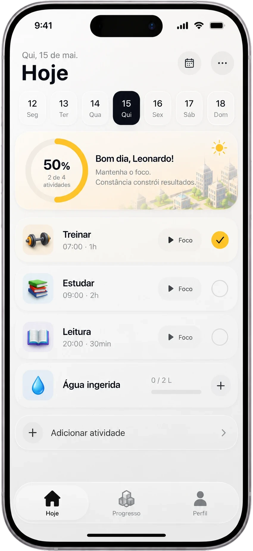 Tela Hoje do RIWO: rotina, hábitos, foco e atividades do dia.
